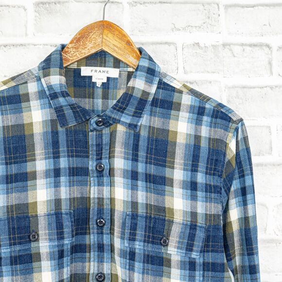 FRAME Denim Men's Flannel Shirt Blue Plaid cotton 2 pocket Medium - Picture 5 of 6